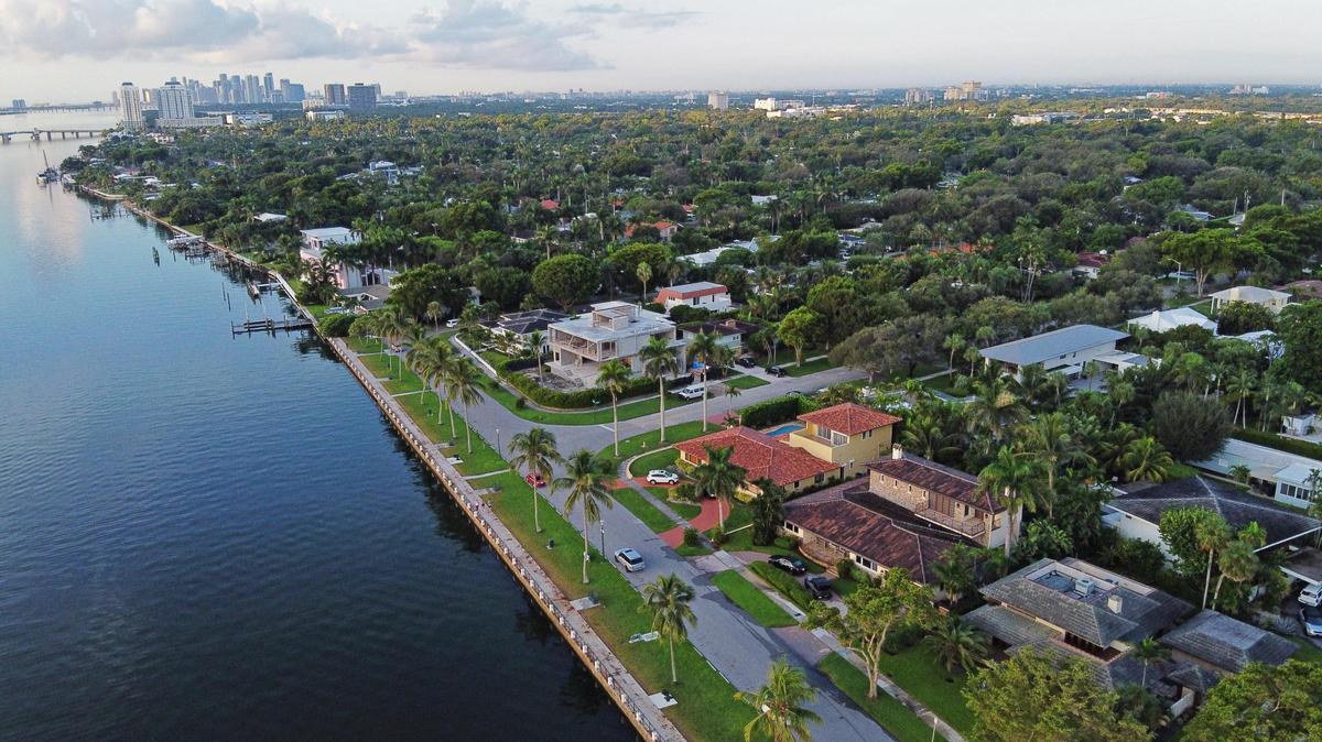 An aerial view of Miami Shores Village Bayfront Park looking toward Miami on Sept. 30, 2020.