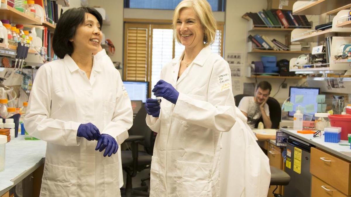 Jennifer Doudna (derecha) pionera en el método CRISPR de modificación genética, habla con la gerente de laboratorio Kai Hong en la Universidad de California en Berkeley.