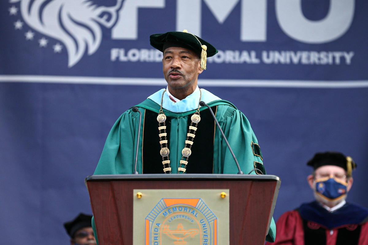 Florida Memorial University President Jaffus Hardrick speaks during the graduation ceremony for the classes of 2020 and 2021, held jointly in May 2021 due to the the pandemic.