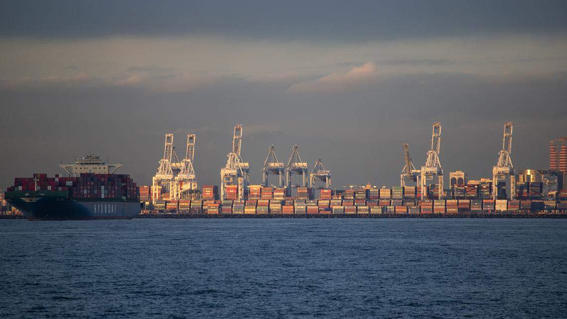 Shipping containers bearing products from China at the Port of Long Beach, California.