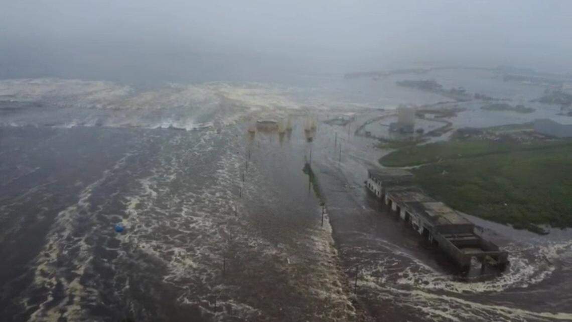 RUSSIA, SEVERO-KURILSK - JULY 30, 2025: An aerial view of an area hit by an earthquake and an ensuing tsunami. An aerial view of an area hit by an earthquake and an ensuing tsunami. The Telegram Channel of the Kamchatka Branch of the Geophysical Service of the Russian Academy of Sciences/TASS/Sipa USA