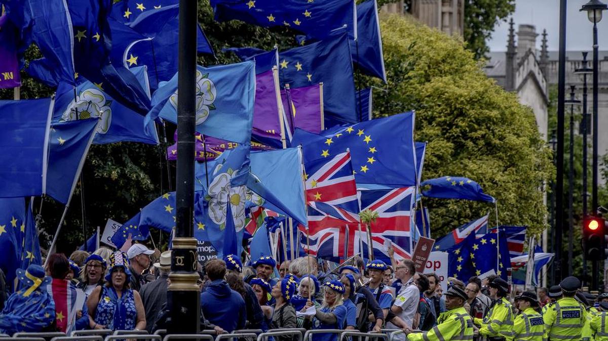 Opositores del Brexit protestan frente al Parlamento en Londres, el 3 de septiembre del 2019.