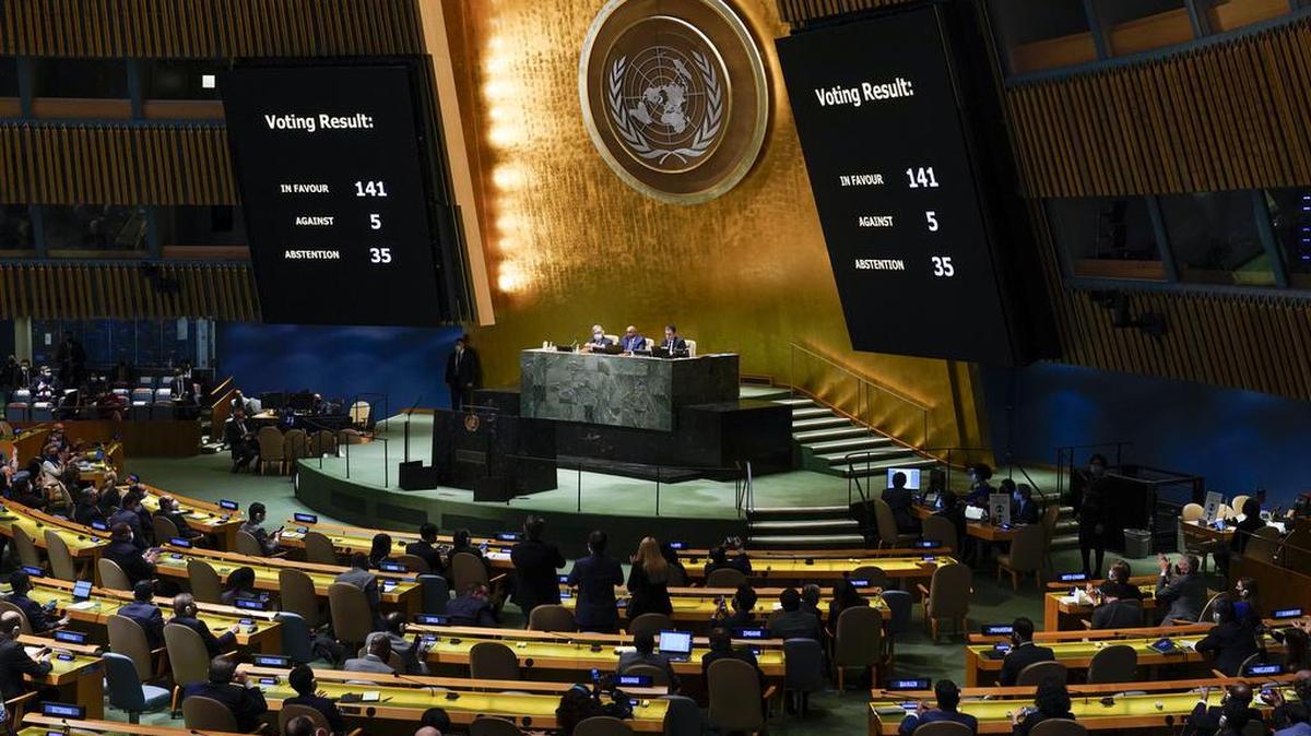 The results of a vote on a resolution concerning Ukraine are displayed during an emergency meeting of the General Assembly at United Nations headquarters, Wednesday, March 2, 2022.
