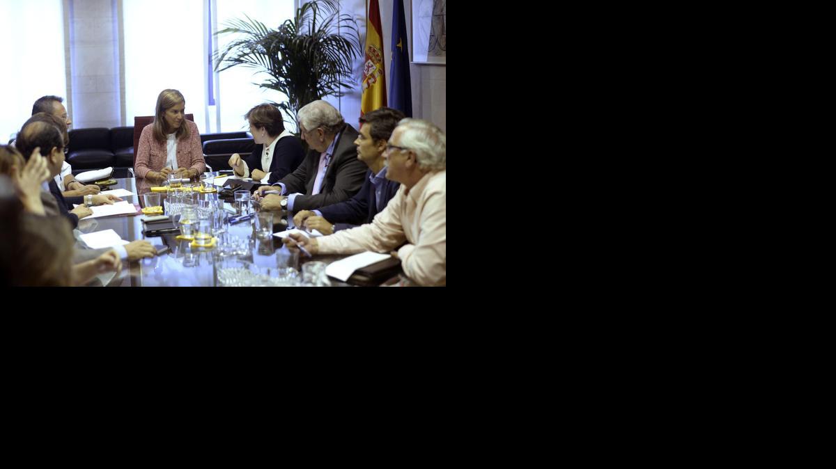 
La ministra de Sanidad española, Ana Mato (cent.), reunida con los responsables de los ministerios de Asuntos Exteriores y Cooperación y de Defensa, y de la Comunidad de Madrid, para organizar la repatriación del religioso Manuel García Viejo, director médico del Hospital San Juan de Dios en Lunsar, Sierra Leona, quien está enfermo de ébola. 
