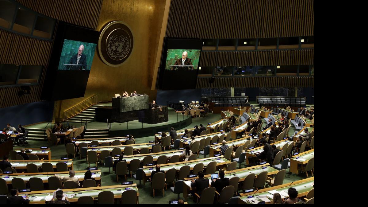 
El embajador de Alemania ante las Naciones Unidas, Harald Braun (en las pantallas), pronuncia un discurso durante una sesión solemne de la Asamblea General de la ONU, celebrada en conmemoración del fin de la Segunda Guerra Mundial.
