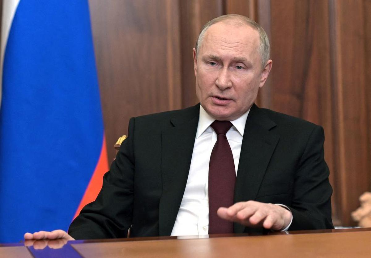 Russian President Vladimir Putin speaks during his address to the nation at the Kremlin in Moscow on Feb. 21, 2022.