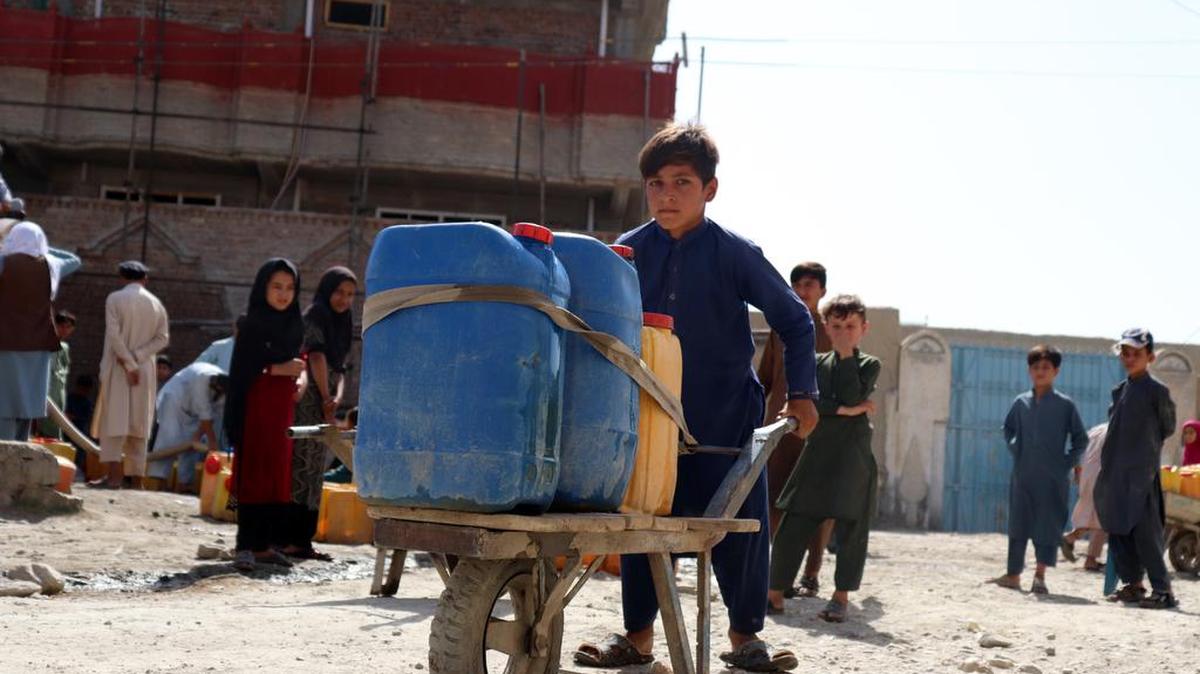 Un niño afgano empuja una carreta cargada de barriles en la provincia de Nangarhar, Afganistán. Según funcionarios locales, alrededor de 9 distritos en la provincia de Nangarhar han sido golpeados por sequía este año.