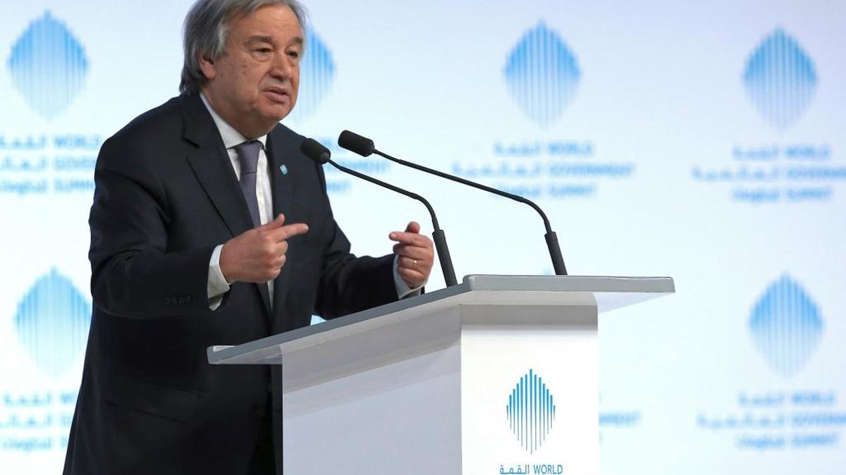 Antonio Guterres, Secretario general de la ONU, habla en en la Cumbre Mundial de Gobiernos en Emiratos Arabes Unidos, el 13 de febrero.