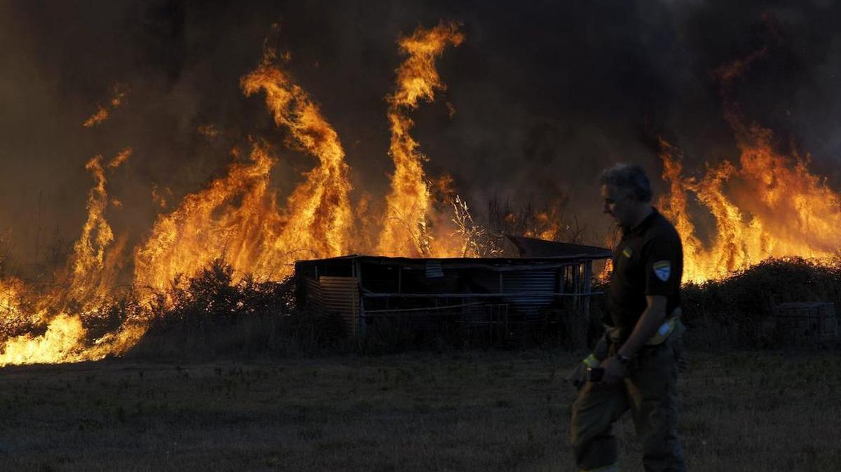 
Miembros de las brigadas forestales intentan combatir las llamas del incendio forestal declarado esta mañana en la localidad coruñesa de Vilamor, y que lleva quemadas mas de 100 hectareas, gran parte de reserva natural, de la Sierra do Careón. 
