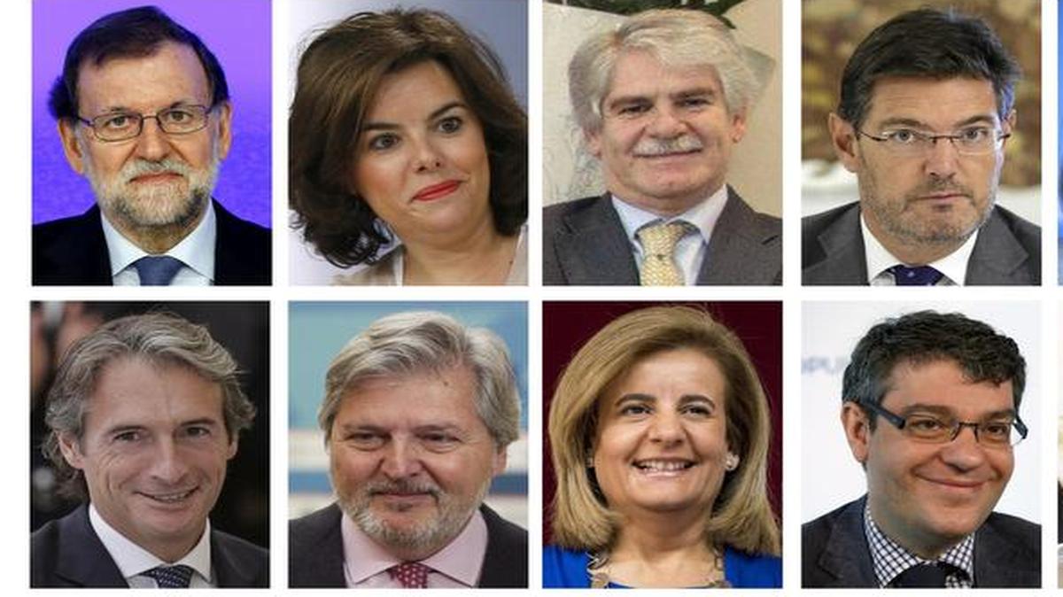 Combo del presidente del gobierno,Mariano Rajoy, junto a sus ministros. De izquierda a derecha, de arriba a abajo: Mariano Rajoy, presidente del Gobierno; Soraya Sáenz de Santamaría, vicepresidenta del Gobierno y ministra de la Presidencia y para las Administraciones Territoriales; Alfonso Dastis Quecedo, Exteriores y de Cooperación; Rafael Catalá Polo, Justicia; María Dolores de Cospedal, Defensa; Cristóbal Montoro, Hacienda y Función Pública; Juan Ignacio Zoido Álvarez, Interior; Íñigo de la Serna Hernáiz, Fomento; Íñigo Méndez de Vigo, Educación, Cultura y Deporte y portavoz del Gobierno; Fátima Báñez, Empleo y Seguridad Social; Álvaro Nadal Belda, Energía, Turismo y Agenda Digital; Isabel García Tejerina, Agricultura, Pesca y Alimentación y Medio Ambiente; Luis de Guindos, Economía, Industria y Competitividad, y Dolors Montserrat Montserrat, Sanidad, Servicios Sociales e Igualdad.