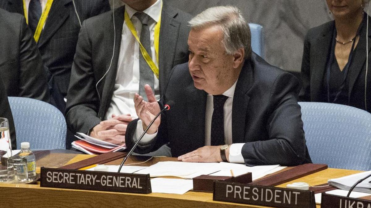 El Secretario General de la ONU, Antonio Guterres, habla durante el Consejo de Seguridad el 21 de febrero de 2017 en la sede de la ONU en Nueva York.