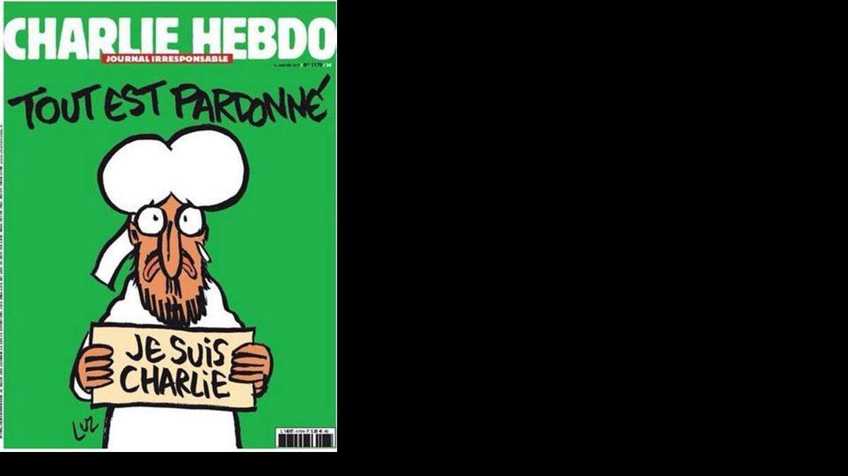 
El diseño, firmado por el dibujante Luz, muestra al profeta Mahoma con lágrimas en los ojos mientras porta esta pancarta y bajo el titular “Todo está perdonado”.
