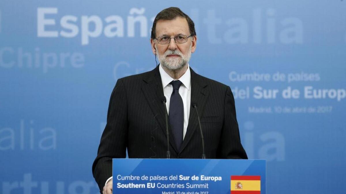El presidente del Gobierno español, Mariano Rajoy, durante la declaración conjunta ofrecida tras la reunión de los países del sur de Europa en el Palacio de El Pardo, en Madrid.