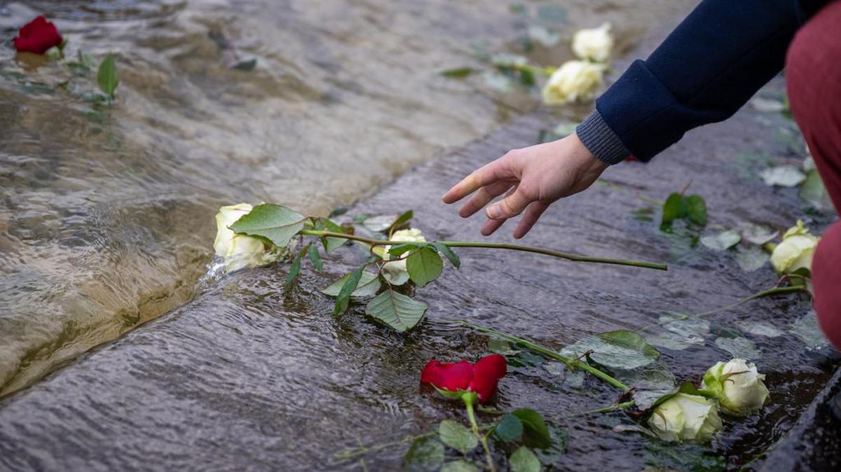 Una mujer arroja una rosa blanca al lago Schwedt en el acto conmemorativo en el Memorial de Ravensbrück. Las cenizas del crematorio del campo de concentración de Ravensbrück fueron vertidas al lago. Las Naciones Unidas han proclamado el 27 de enero como Día de Conmemoración del Holocausto.