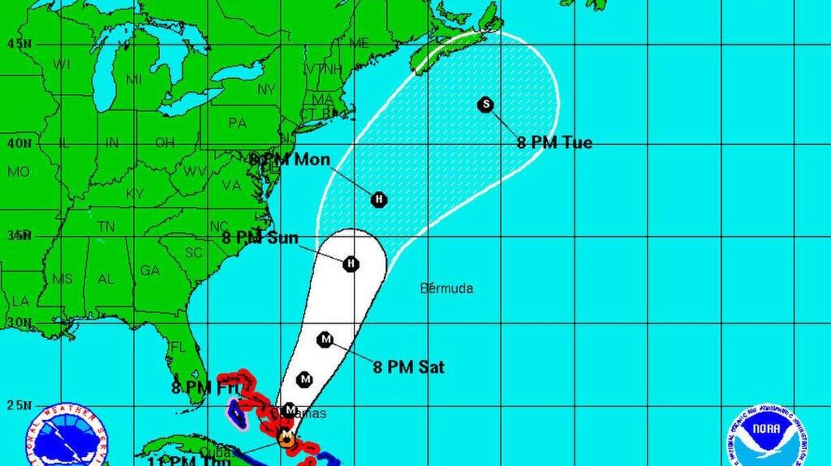 
Trayectoria del huracán Joaquín a las 11 p.m. el jueves 1ro de octubre, y proyección por los próximos cinco días. 
