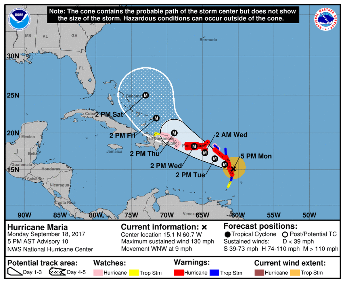 Posición del huracán María el lunes 18 de septiembre a las 5 p.m.