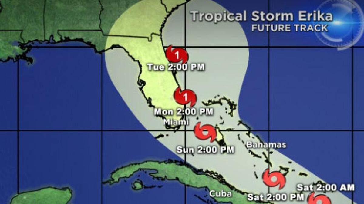 En su boletín de las 5 am EDT, el CNH pronosticó que Erika entrará por el sur de Florida el lunes por la mañanaa, sin fuerza de huracán.