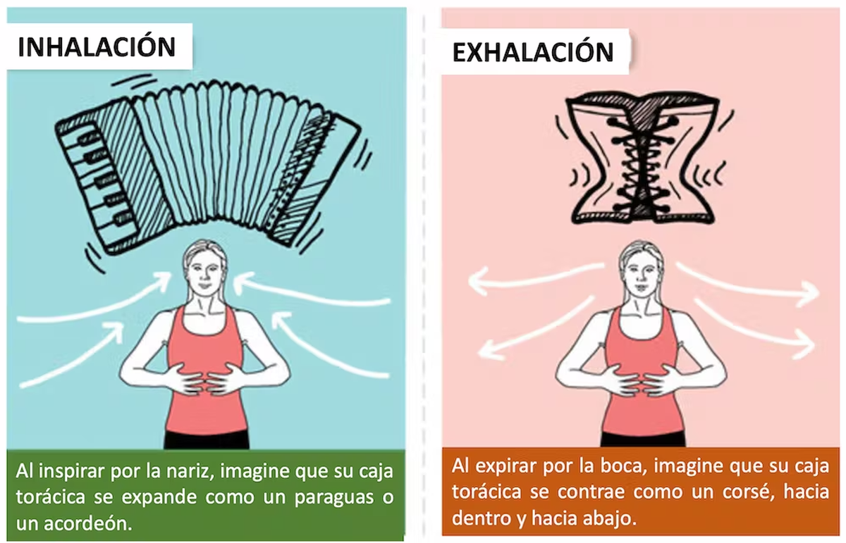 Representación infográfica de la respiración Pilates. Pilates Illustrated, by Portia Page, Human Kinetics, 2011, adaptación de Matilde Cañelles