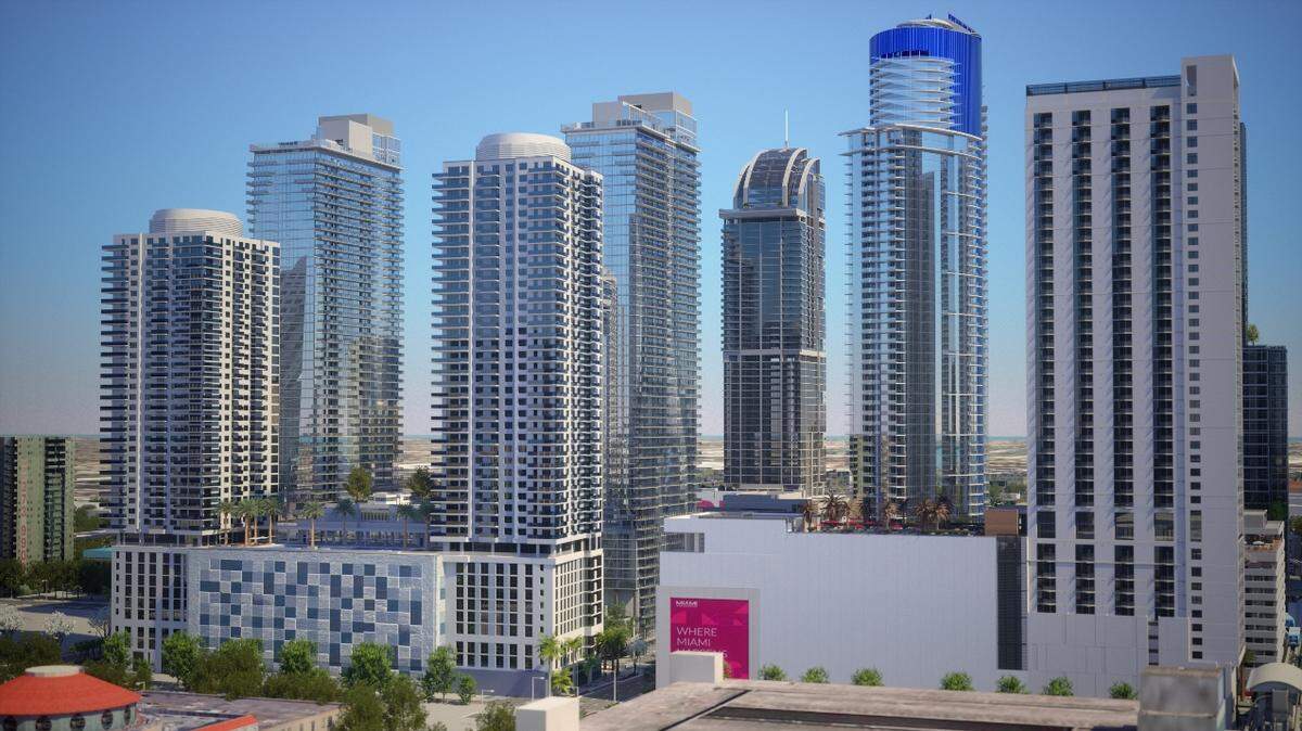 Vista del downtown de Miami, y el Miami Worldcenter y el rascacielos The Paramount Miami Worldcenter.