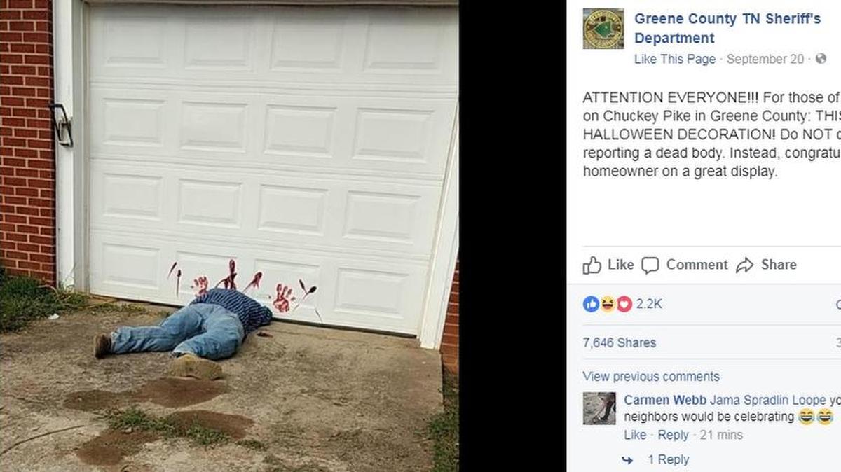Esta decoración de Halloween asustó a los residentes de Chuckey, en Tennessey, quienes llamaron al 911 a reportar un cuerpo muerto