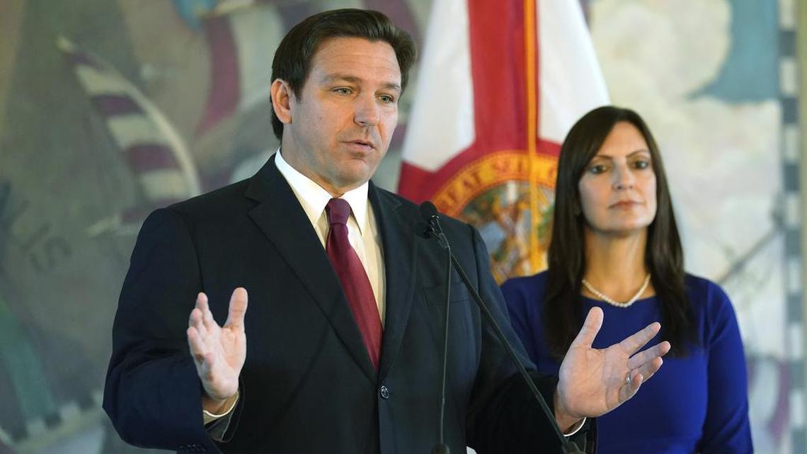 Gov. Ron DeSants, with Lt. Gov. Jeanette Nuñez, speaking at Miami’s Freedom Tower.