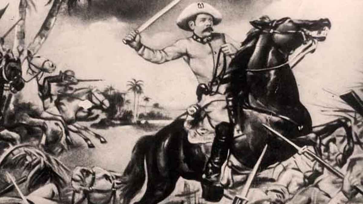 El general cubano Antonio Maceo carga al machete en esta ilustración de la batalla de Peralejo, librada el 13 de julio de 1895, durante la Guerra de Independencia en Cuba. Maceo cayó en combate el 7 de diciembre de 1896.