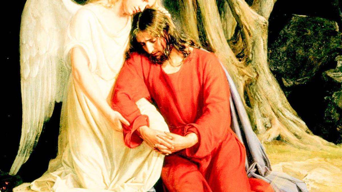 Esta obra de Carl Bloch (1834 – 1890) responde al texto del Evangelio de Lucas: “Entonces, se le apareció un ángel venido del cielo que le confortaba” (Lc 22, 43).