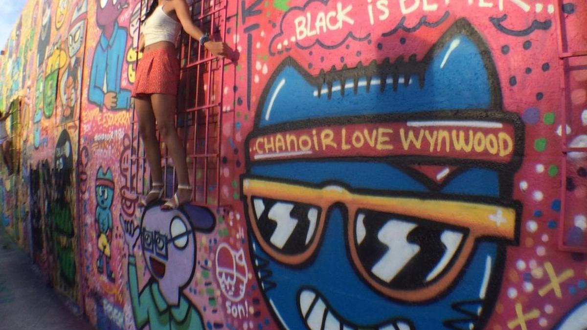 Una modelo se fotografía en una reja que forma parte de uno de los murales de Wynwood, que han contribuido a establecer el carácter del vecindario.