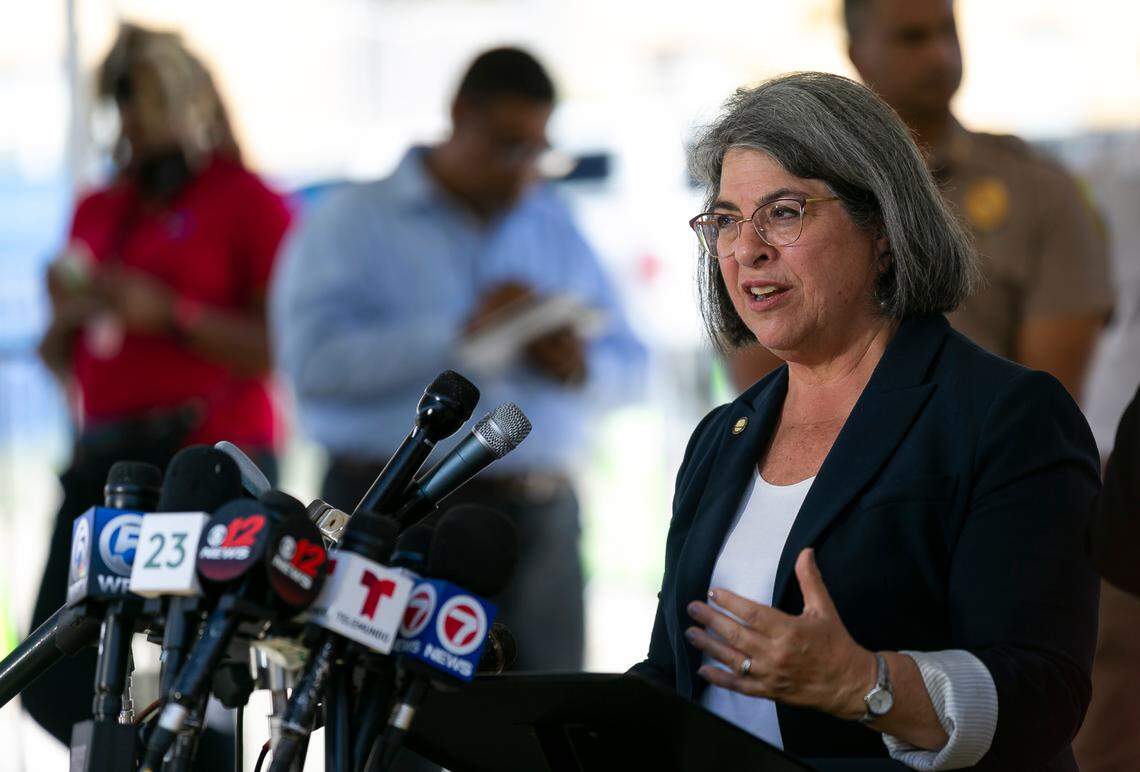 Miami-Dade Mayor Daniella Levine Cava updates the media as work continued on Saturday, July 3, 2021, at the collapse site of the Champlain Towers South in Surfside.
