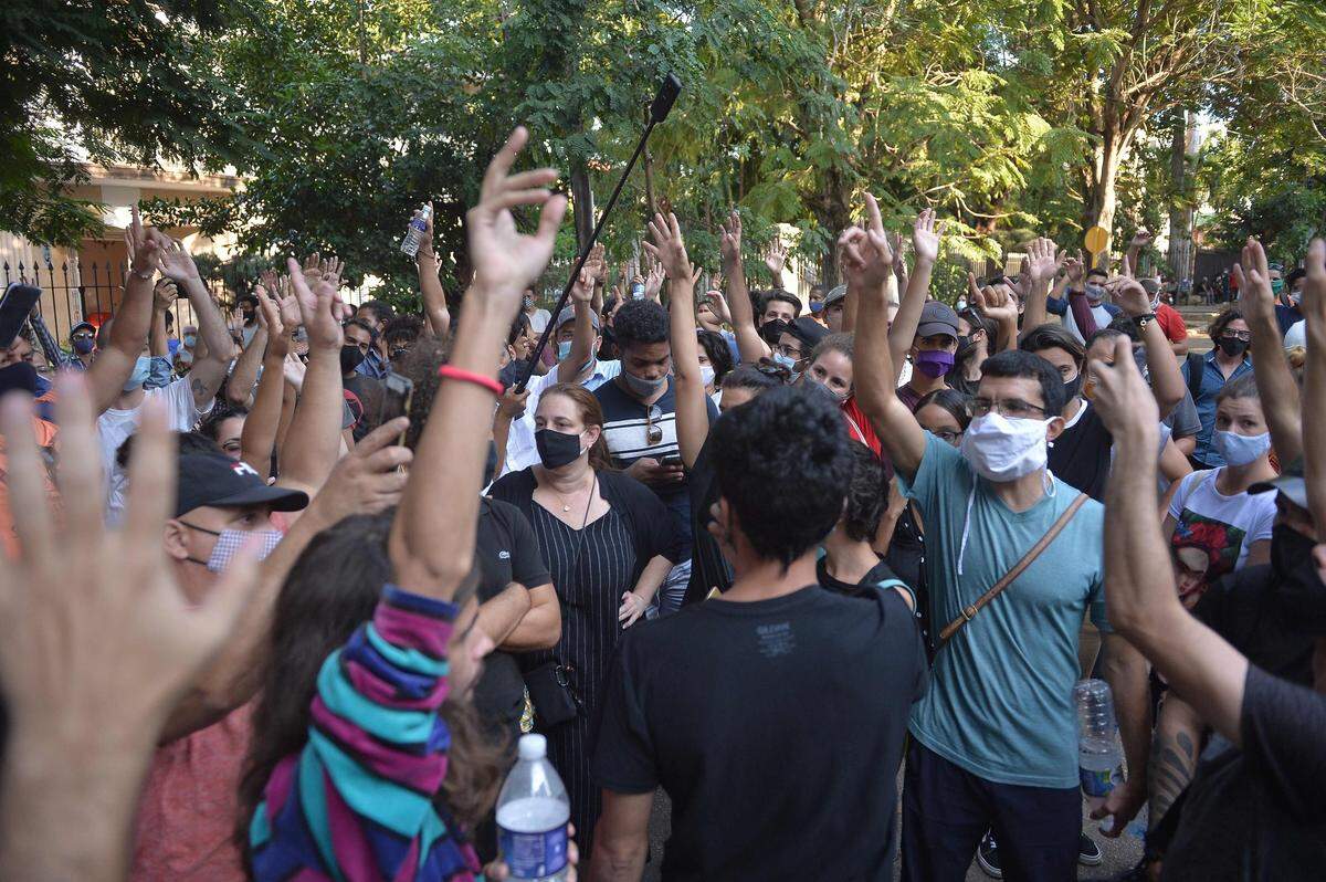 Artists protest in front of the Ministry of Culture on Nov. 27, 2020, in Havana, Cuba.