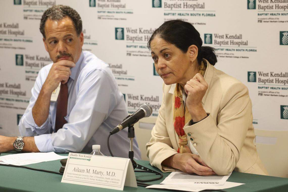 Dr. Aileen Marty, from Florida International University’s Department of Medicine, answers questions during a Zika information session at West Kendall Baptist Hospital on Tuesday, April 4, 2017. The free session hosted by Baptist Health South Florida invited experts who gave updates on new research, provided tips for prevention and answered questions about the Zika virus.