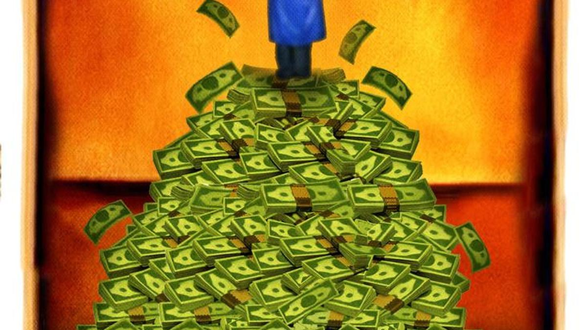 300 dpi Rick Nease color illustration of graduate standing on top of a pile of money. Detroit Free Press 2010<p>____05000000; EDU; krtcampus campus; krteducation education; krtnational national; krt; mctillustration; 05004000; 05005003; 05007000; college; high school; krtschool school; preschool; university; cap and gown; cash; college education; de contributed nease; dollar bill; graduate; money; private school; 2010; krt2010