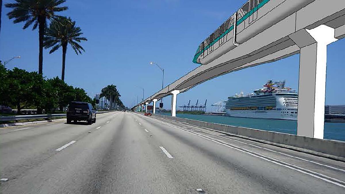 A rendering of how a monorail system could operate on elevated tracks on the MacArthur Causeway between Miami and Miami Beach. Miami-Dade’s Transportation Planning Organization voted on Thursday, Jan. 30, 2020, to endorse either monorail or an extension of Metromover as the best options for the busy bridge over Biscayne Bay. The county only received a proposal for monorail when it opened up the corridor for bids.