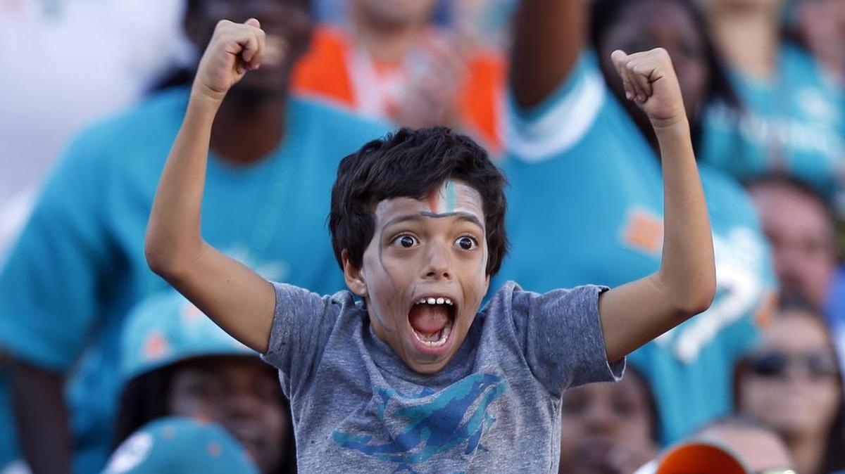 Un joven fanático de los Miami Dolphins celebra una victoria del equipo, en noviembre de 2014.