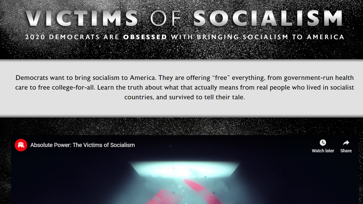 Portal de la página web “Victims of Socialism” (Víctimas del Socialismo), una estrategia lanzada por el Comité Nacional Republicano (RNC, por sus siglas en inglés).