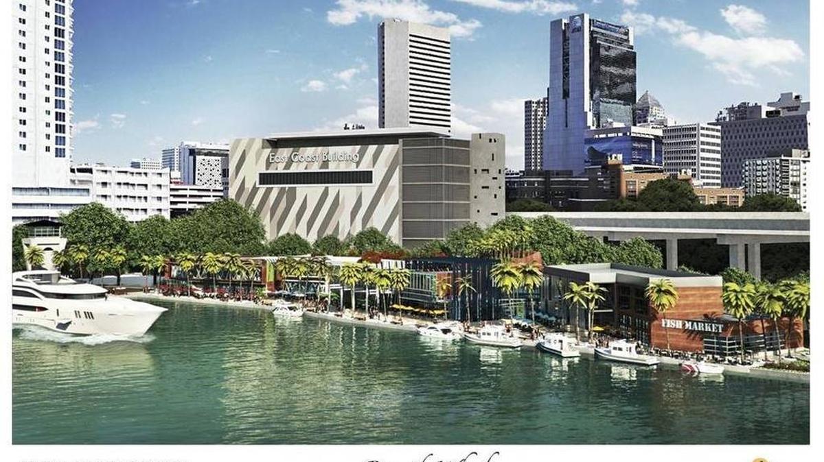 El propuesto Riverside Wharf, con restaurantes y un mercado de mariscos, se alzaría a orillas del río Miami.