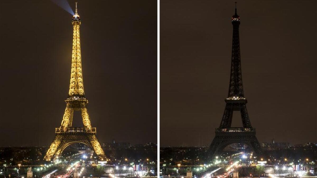 La combinación fotográfica muestra la torre Eiffel, en París, antes y después de que sus luces se apagaran en la Hora del Planeta del 2016.