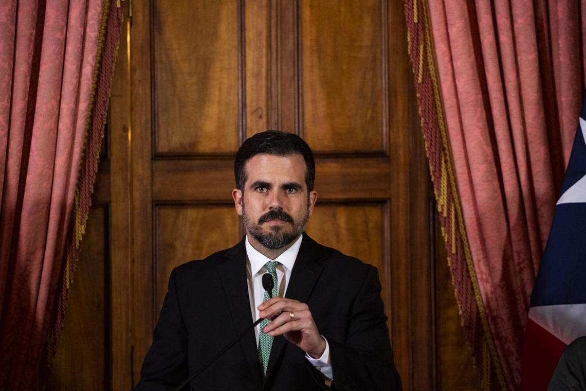 FILE -- Gov. Ricardo Rosselló of Puerto Rico speaks during a news conference in San Juan, Puerto Rico, July 16, 2019. Law enforcement authorities in Puerto Rico executed search warrants on Tuesday against several people in Gov. Rosselló’s inner circle whose exchange of sexist and homophobic chat messages triggered a popular uprising on the island. (Erika P. Rodriguez/The New York Times)