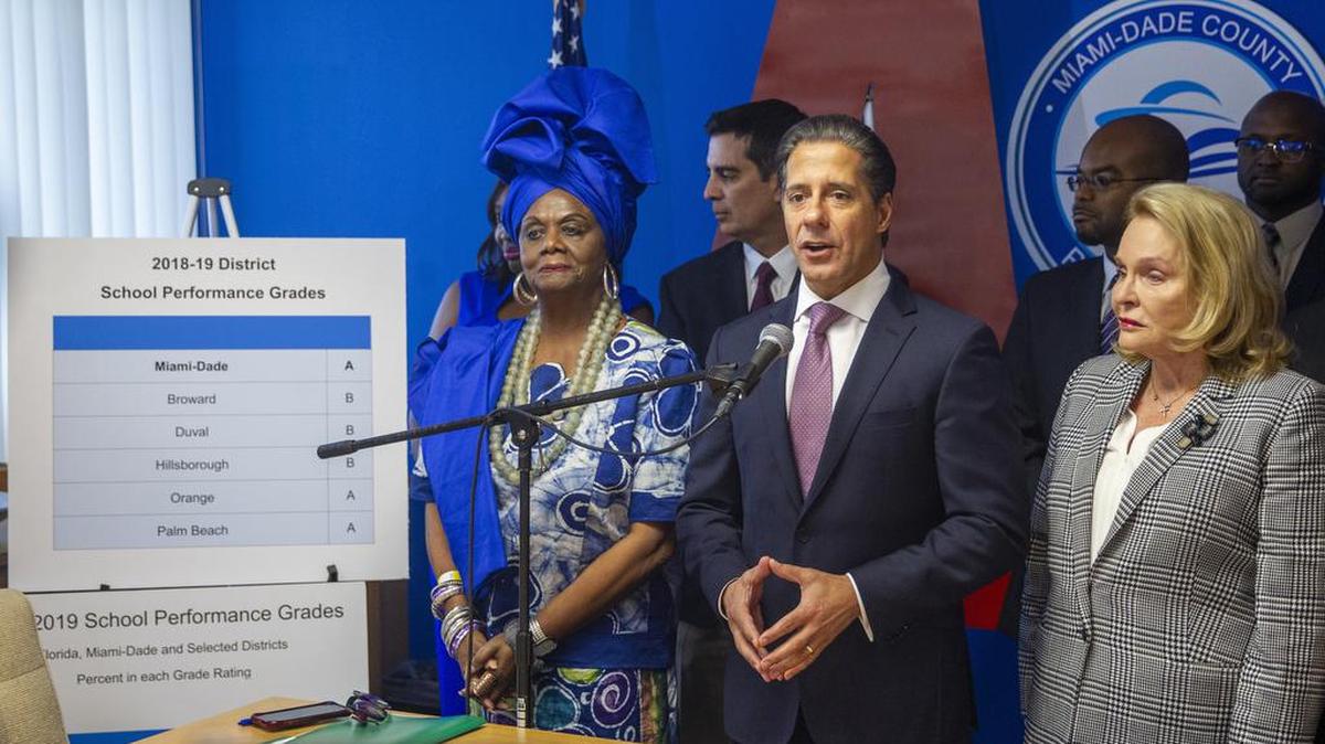 Alberto Carvahlo, superintendente de las escuelas de Miami-Dade (centro), anuncia que el distrito ha recibido una calificación A por segundo año consecutivo, el 11 de julio de 2019.