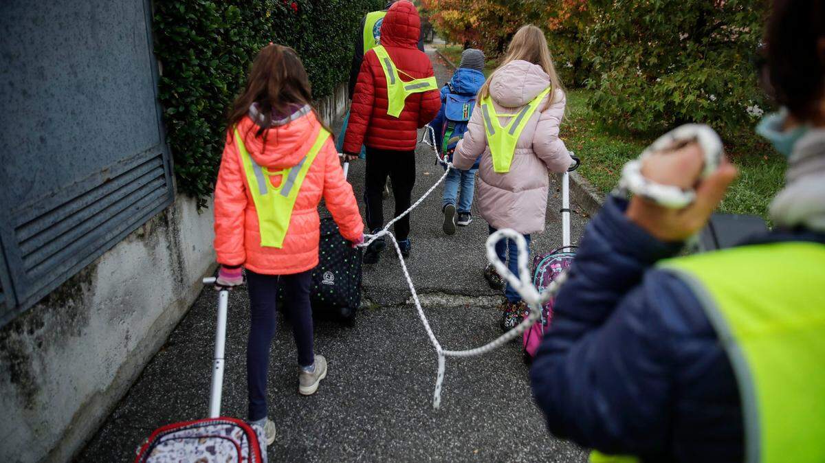 La pandemia del coronavirus también altera el estilo de vida de los niños, ya que tienen que limitar sus actividades físicas y los hace vulnerables a la obesidad. En la foto, varios niños caminan a la escuela agarrados de una soga que les ayuda a mantener el distanciamiento social, el martes 20 de octubre de 2020, en Bellusco, Italia.