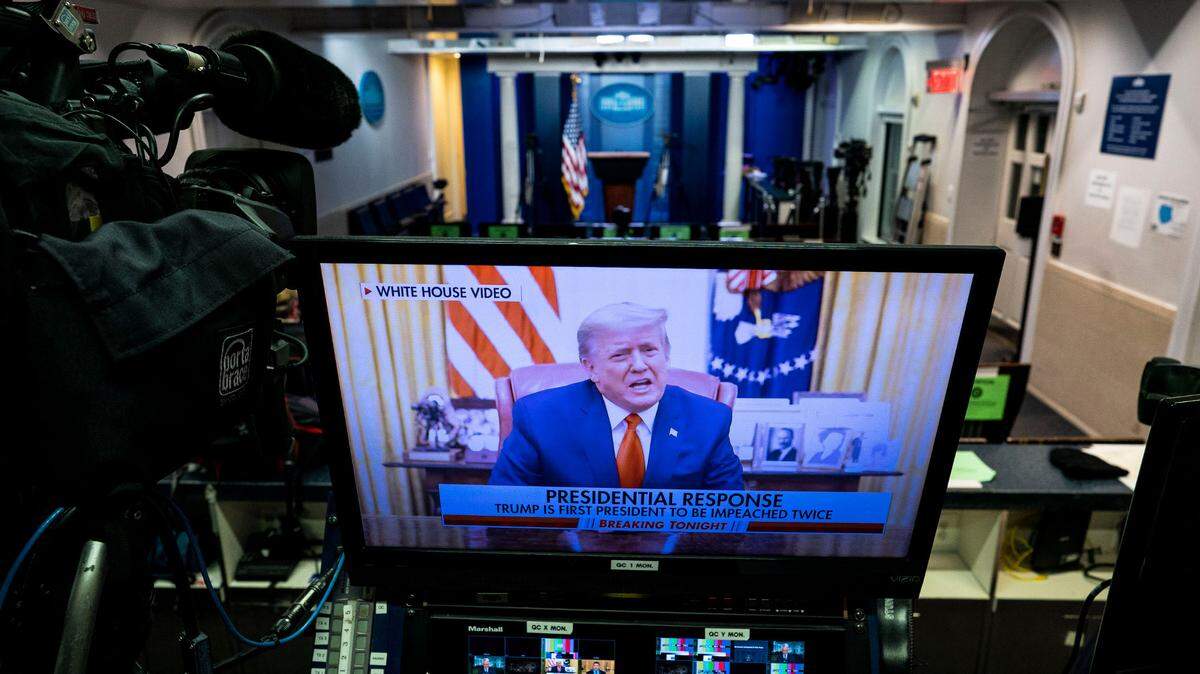 Video of President Donald Trump is displayed on a monitor in the briefing room of the White House after the House of Representatives voted 232 to 197 to impeach him for inciting a violent insurrection against the U.S. government on Wednesday, Jan. 13, 2021. Ten Republicans joined Democrats in voting to impeach. (Doug Mills/The New York Times)