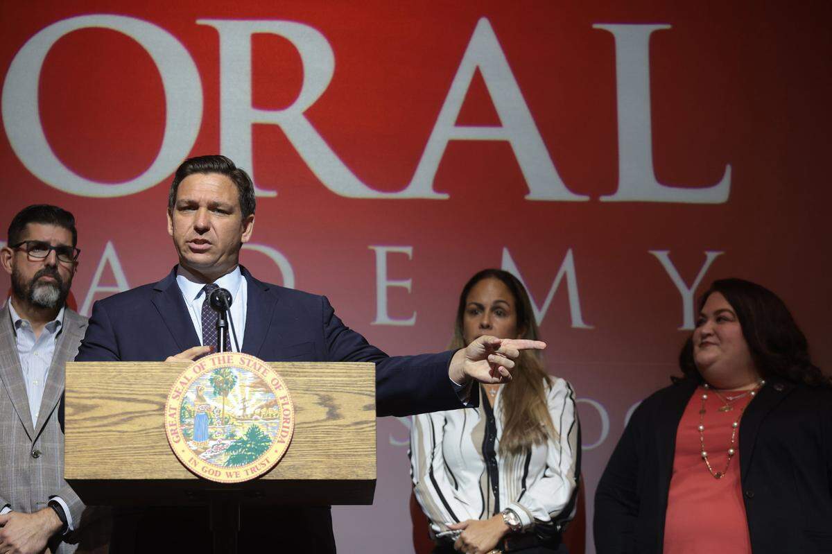 Florida Governor Ron DeSantis announces his proposal to replace the state standardized FSA tests with a new assessment system, Tuesday, September 14, 2021, at Doral Academy Preparatory School. DeSantis appears accompanied by legislators and school officials.