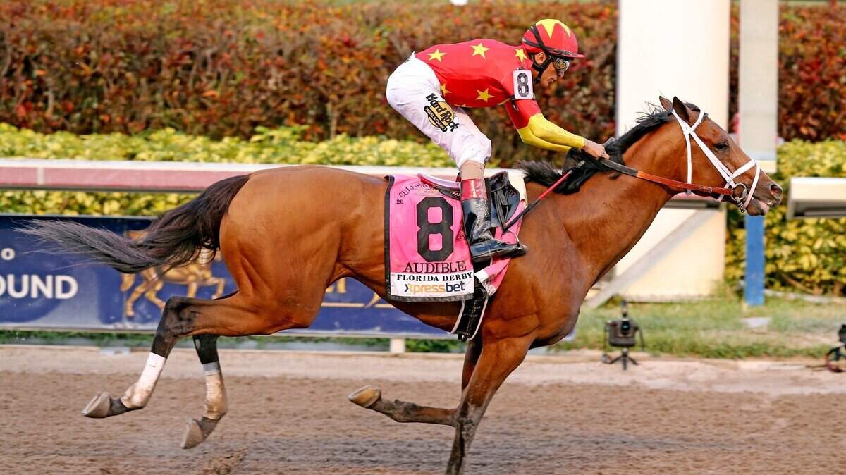 El caballo Audible con el jinete John R. Velázquez gana el Florida Derby el 31 de marzo de 2018 en Gulfstream Park en Hallandale Beach, condado Broward.