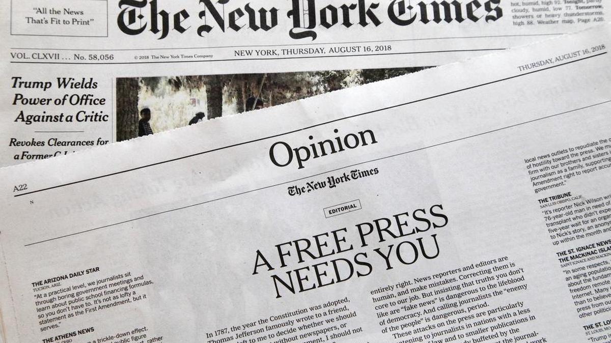 Los ataques a los medios de comunicación lideradas por el presidente Trump y sus seguidores, han propiciado precisamente el renacimiento del periodismo investigativo y ha demostrado la necesidad de que existan, escribe Alejandro Armengol. En la foto, un editorial del New York Times a favor de la importancia de una prensa libre.
