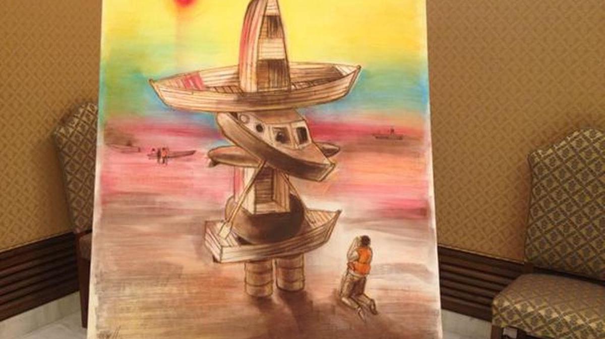 
Obra de Kcho entregada al Papa. Como pintor oficialista, Kcho elige la temática de los inmigrantes africanos, desviando así la atención de los balseros cubanos.
