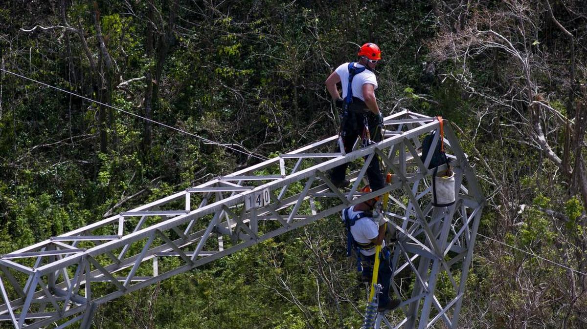 Trabajadores de la empresa Whitefish Energy Holdings reparan cables eléctricos dañados por el huracán María en Barceloneta, Puerto Rico, el 15 de octubre. La concesión de un contrato multimillonario a una diminuta empresa de Montana para restaurar el servicio eléctrico en Puerto Rico desató una polémica.