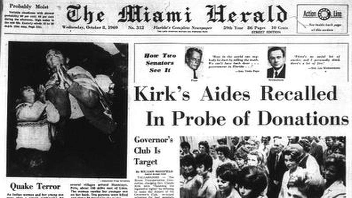
Portada del Miami Herald el 8 de octubre de 1969, que incluía una historia sobre los intentos de los cubanos de salir escondidos en los compartimentos del tren de aterrizaje de los aviones.
