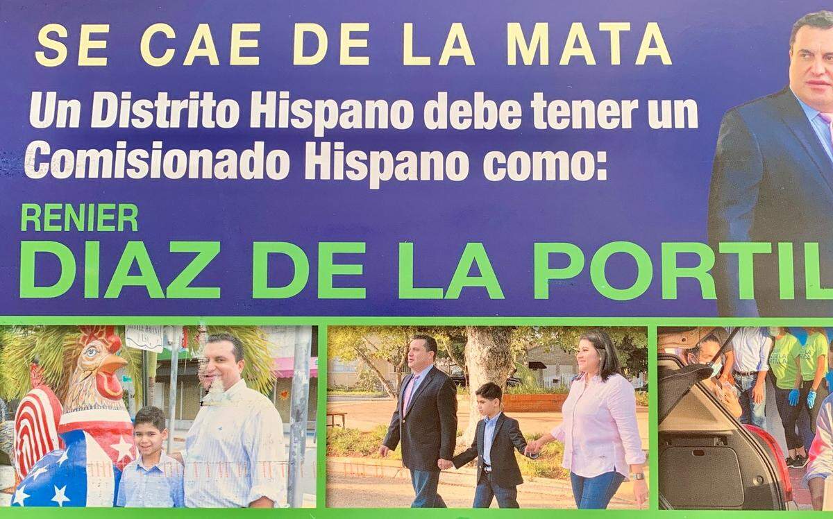 El candidato Renier Díaz de la Portilla, quien le pide a los electores que voten por un hispano en este anuncio publicitario, está retando a la comisionada Eileen Higgins, la representante del Distrito 5 en la Comisión de Miami-Dade. El Distrito 5 incluye a La Pequeña Habana.