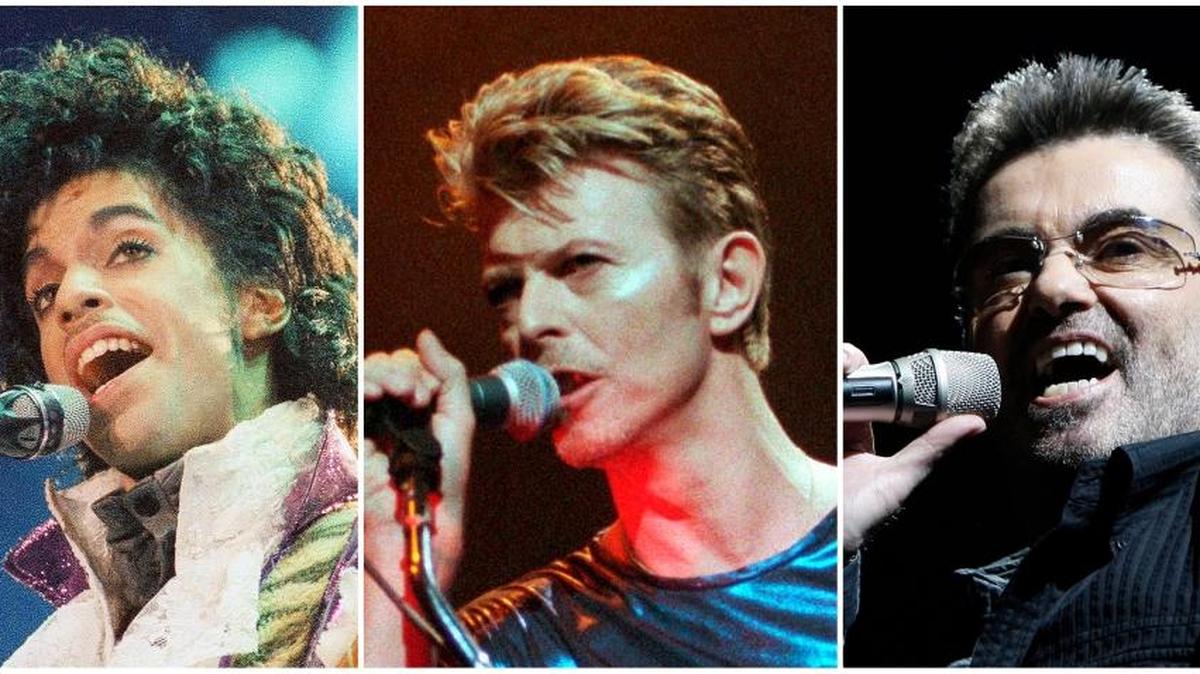 De izq. a der.: Prince en 1985, David Bowie en 1995 y George Michael en 2008. Estos artistas se cuentan entre las luminarias del arte y entretenimiento fallecidas en el 2016.
