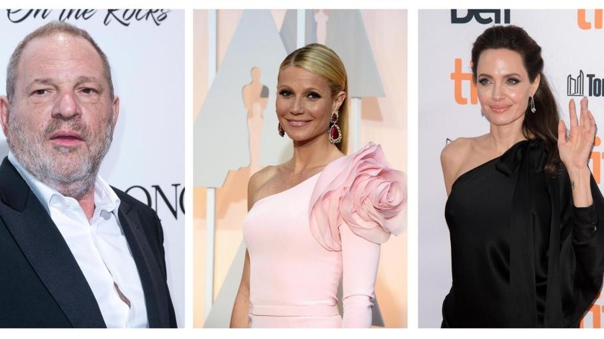 Combo de fotografías de archivo que muestran, desde la izquierda, al productor de cine Harvey Weinstein, y las actrices Gwyneth Paltrow y Angelina Jolie. Las actrices estadounidenses Gwyneth Paltrow y Angelina Jolie se sumaron hoy a las acusaciones de acoso y abuso sexual contra el productor de cine Harvey Weinstein que han destapado recientemente varias publicaciones y que se habrían producido supuestamente a lo largo de dos décadas.